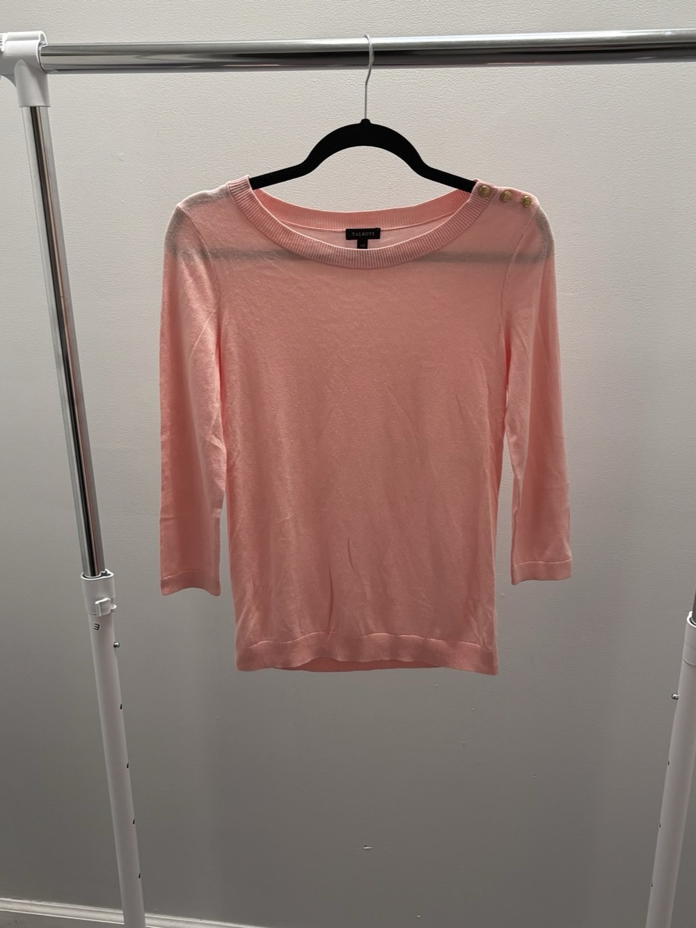 Talbots Light Pink Round Neck 3/4 Sleeve Knit Sweater with Gold Button Details